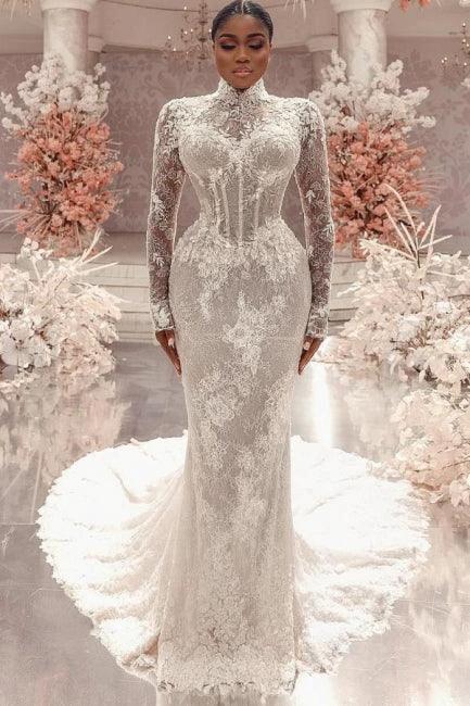 Amazing Column Lace High Neck Long Sleeve White Long Wedding Dress With Appliques Train - Image 8