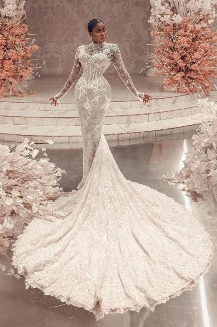 Amazing Column Lace High Neck Long Sleeve White Long Wedding Dress With Appliques Train - Image 9
