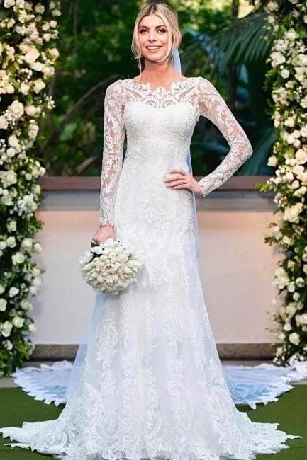 Amazing Column Lace Long Sleeve White Wedding Dresses With Appliques - Image 2