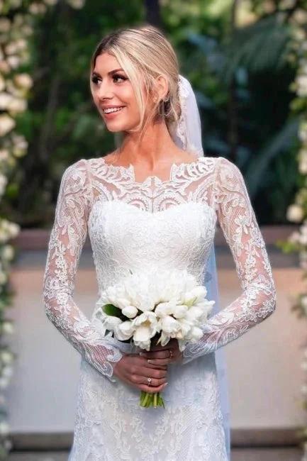 Amazing Column Lace Long Sleeve White Wedding Dresses With Appliques - Image 3