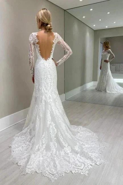 Amazing Column Lace Long Sleeve White Wedding Dresses With Appliques - Image 4