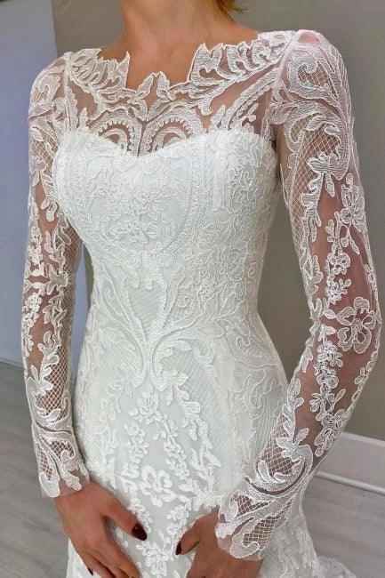 Amazing Column Lace Long Sleeve White Wedding Dresses With Appliques - Image 5