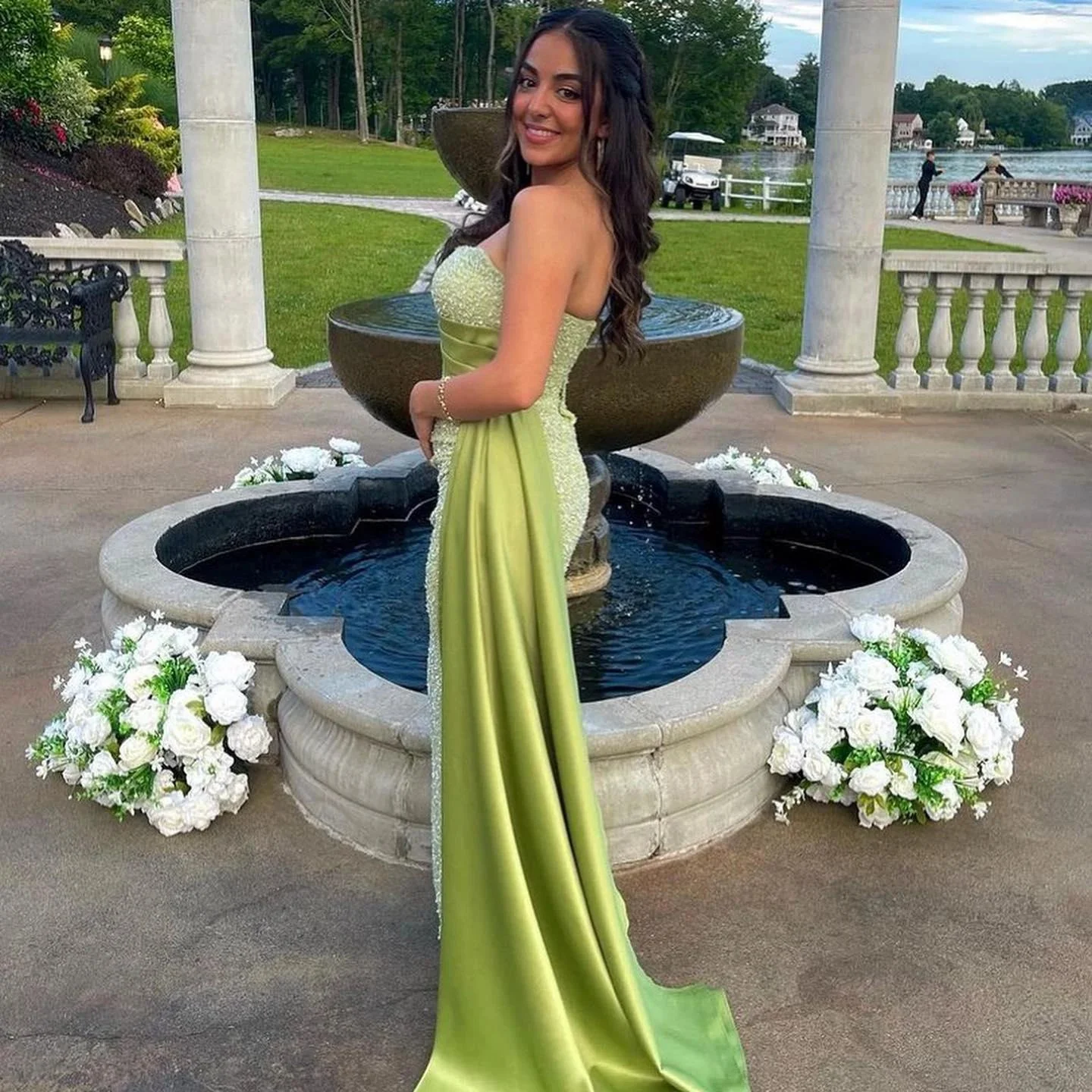 Amazing Column One Shoulder Sleeveless Satin Split Front Prom Dresses - Image 2