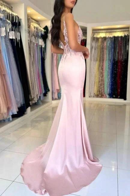 Amazing Column Satin Lace V-Neck Sleeveless Prom Dresses With Split Front - Image 2