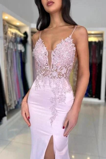 Amazing Column Satin Lace V-Neck Sleeveless Prom Dresses With Split Front - Image 3