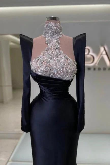 Amazing Column Satin Long Sleeve Black Prom Dresses With Rhinestone Train - Image 2