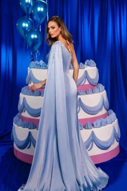Amazing Column Satin One Shoulder Sleeveless Prom Dresses With Ruffles Split Front - Image 2