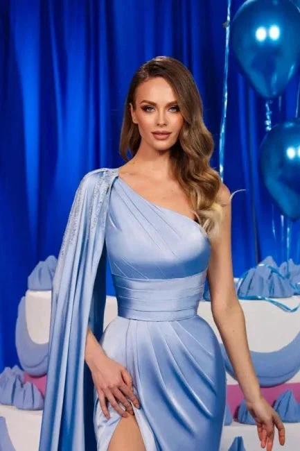 Amazing Column Satin One Shoulder Sleeveless Prom Dresses With Ruffles Split Front - Image 3