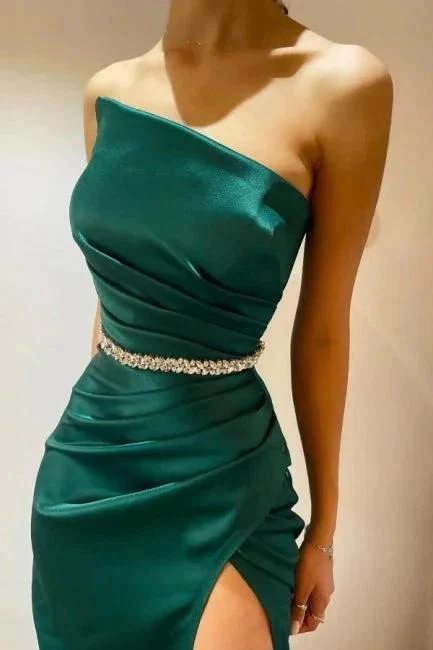 Amazing Column Satin Sleeveless Prom Dress With Ruffles Split - Image 3