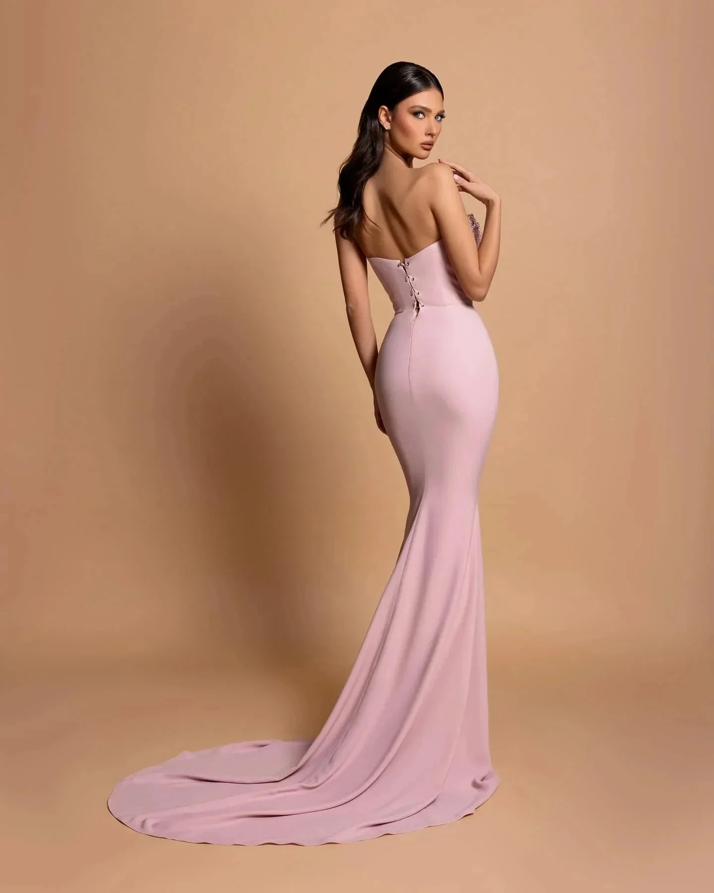 Amazing Column Strapless Sleeveless Rhinestone Satin Openback With Train Pink Prom Dresses - Image 2