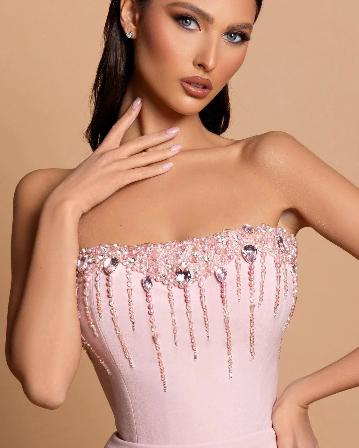 Amazing Column Strapless Sleeveless Rhinestone Satin Openback With Train Pink Prom Dresses - Image 3
