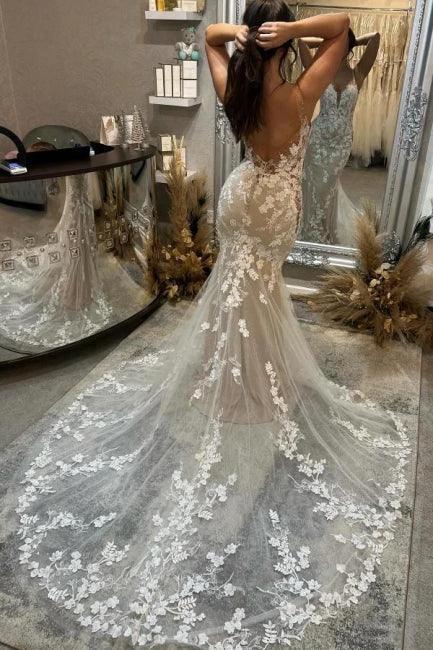 Amazing Column Tulle Lace Spaghetti Straps Sleeveless Ivory Wedding Dress With Appliques - Image 2