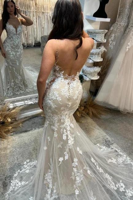 Amazing Column Tulle Lace Spaghetti Straps Sleeveless Ivory Wedding Dress With Appliques - Image 3