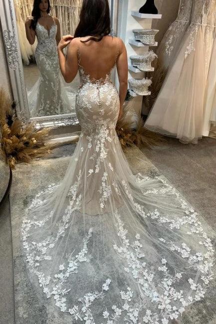 Amazing Column Tulle Lace Spaghetti Straps Sleeveless Ivory Wedding Dress With Appliques - Image 4