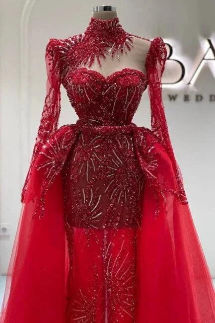 Amazing Column Tulle Lace Sweetheart Long Sleeve Red Prom Dress With Train - Image 2