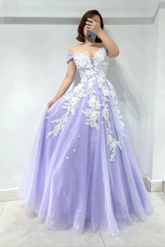 Amazing Lilac Sweetheart Off-The-Shoulder Tulle Evening Dress With Appliques Y5842 - Image 2