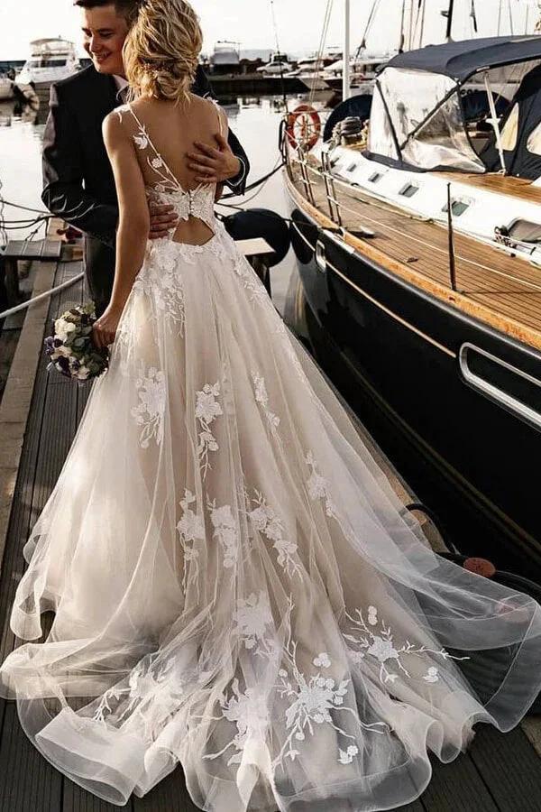 Amazing Long A-line Appliques Lace Tulle Chapel Train Wedding Dress - Image 2
