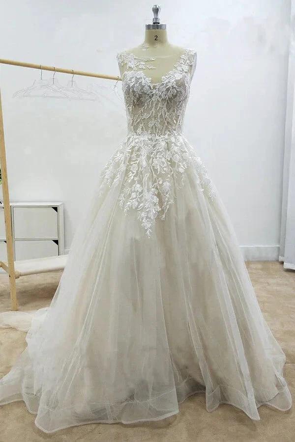Amazing Long A-line Appliques Lace Tulle Chapel Train Wedding Dress - Image 3