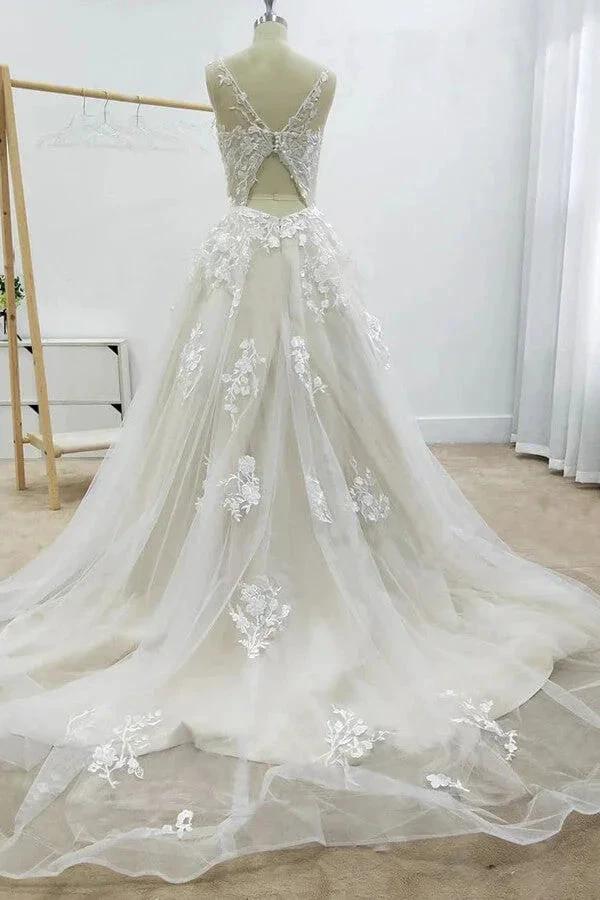 Amazing Long A-line Appliques Lace Tulle Chapel Train Wedding Dress - Image 4