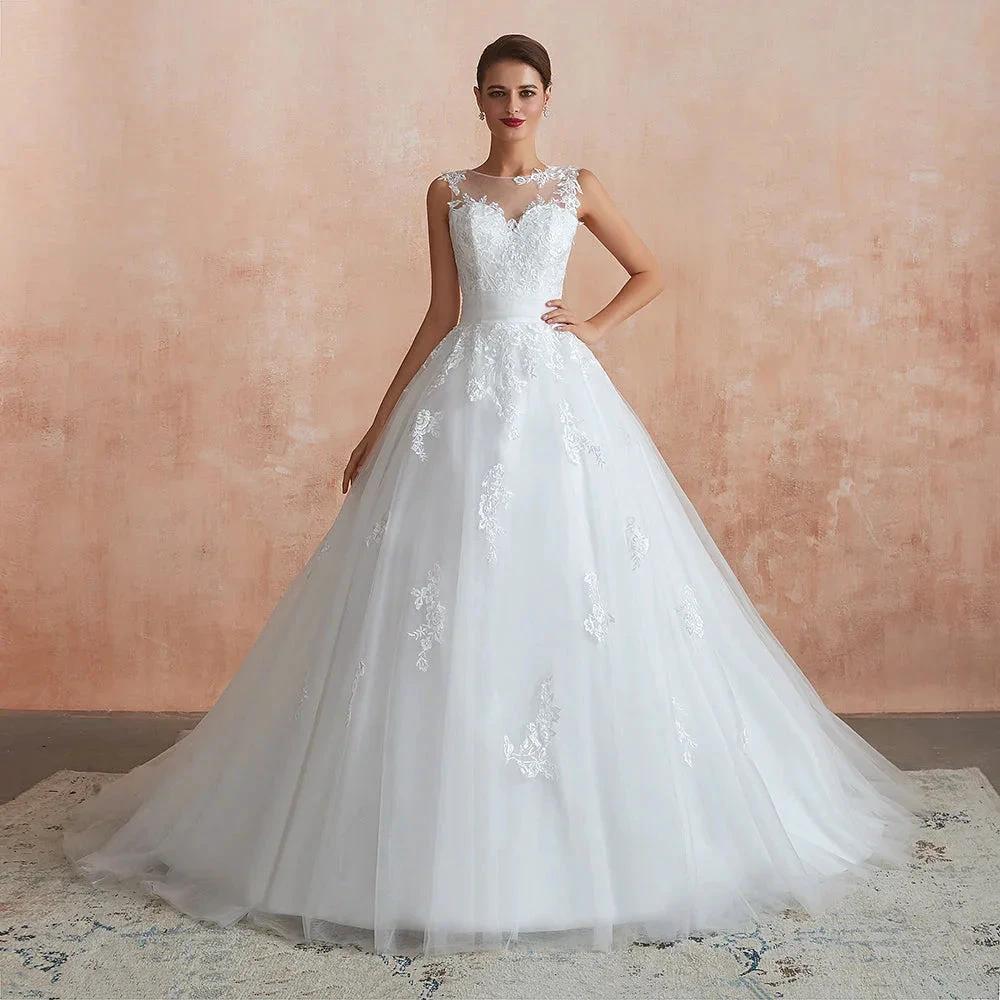 Amazing Long A-line Appliques Lace Tulle Wedding Dress - Image 2