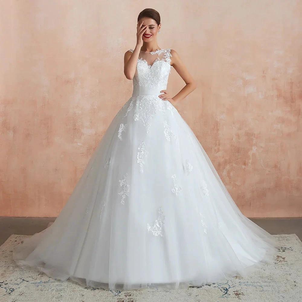 Amazing Long A-line Appliques Lace Tulle Wedding Dress - Image 5