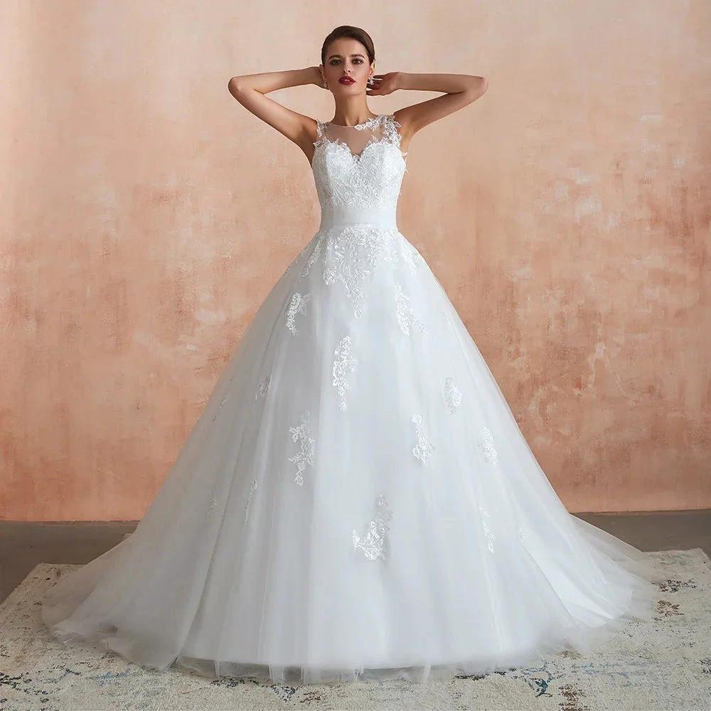 Amazing Long A-line Appliques Lace Tulle Wedding Dress - Image 6