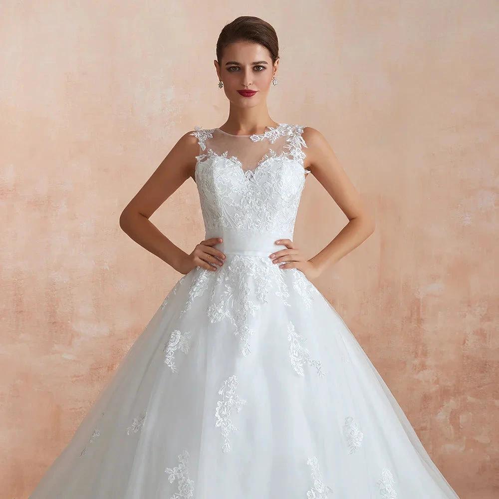 Amazing Long A-line Appliques Lace Tulle Wedding Dress - Image 7