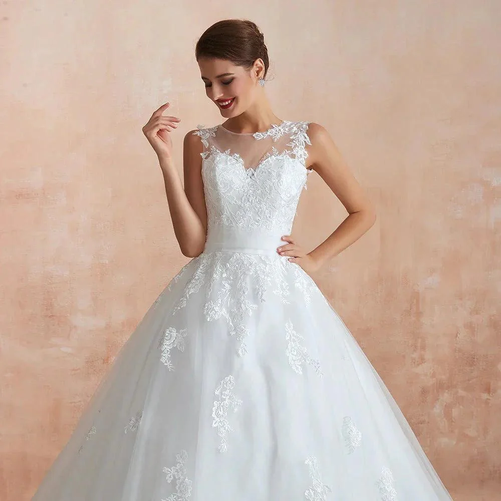 Amazing Long A-line Appliques Lace Tulle Wedding Dress - Image 8