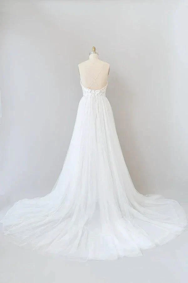 Amazing Long A-line Chapel Train Appliques Tulle Backless Wedding Dress - Image 2
