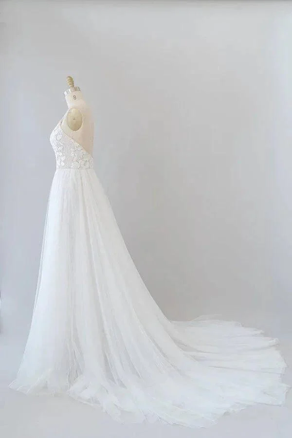 Amazing Long A-line Chapel Train Appliques Tulle Backless Wedding Dress - Image 3