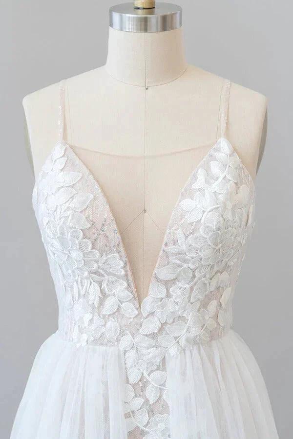 Amazing Long A-line Chapel Train Appliques Tulle Backless Wedding Dress - Image 4