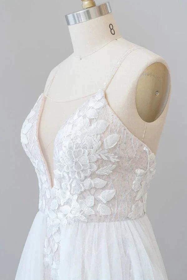Amazing Long A-line Chapel Train Appliques Tulle Backless Wedding Dress - Image 5