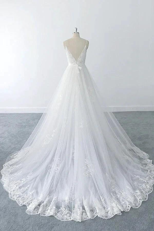 Amazing Long A-line V-neck Ruffle Appliques Tulle Wedding Dress - Image 2