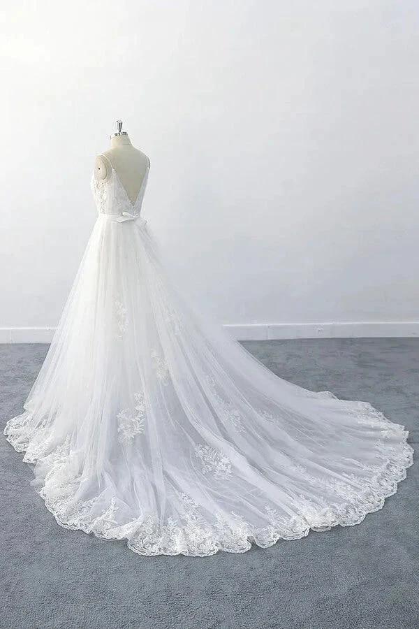 Amazing Long A-line V-neck Ruffle Appliques Tulle Wedding Dress - Image 3
