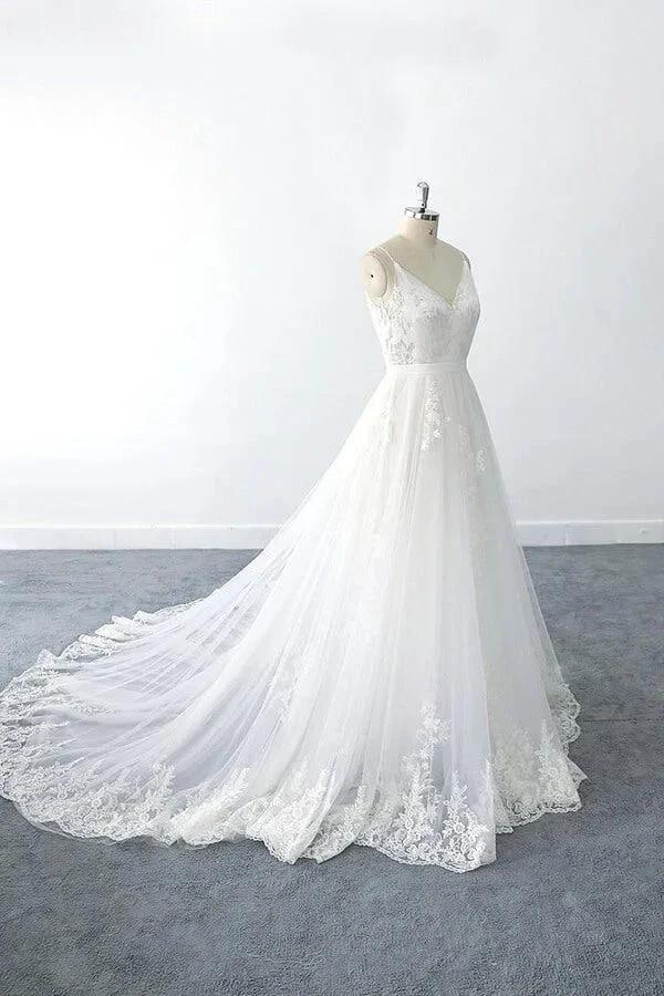 Amazing Long A-line V-neck Ruffle Appliques Tulle Wedding Dress - Image 4