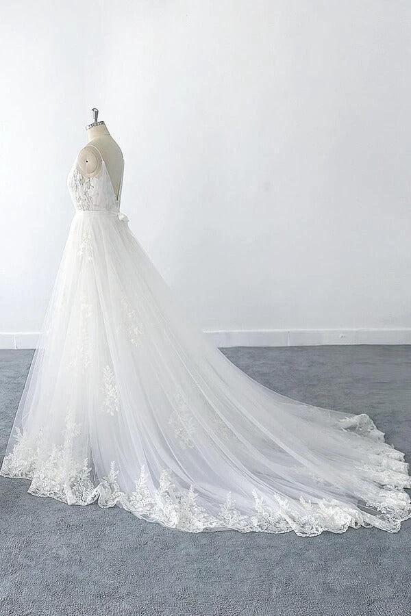 Amazing Long A-line V-neck Ruffle Appliques Tulle Wedding Dress - Image 5