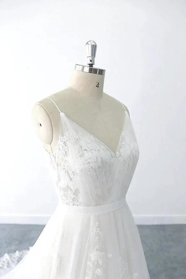Amazing Long A-line V-neck Ruffle Appliques Tulle Wedding Dress - Image 6