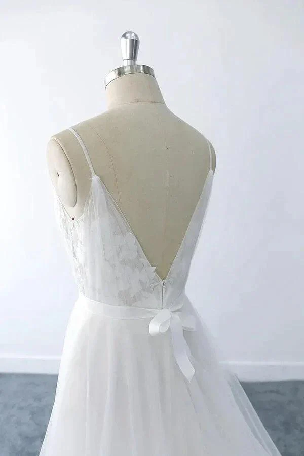 Amazing Long A-line V-neck Ruffle Appliques Tulle Wedding Dress - Image 7