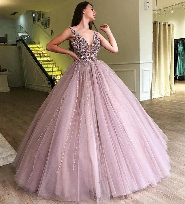Amazing Long Ball Gown V-neck Tulle Prom Dress with Beading - Image 3