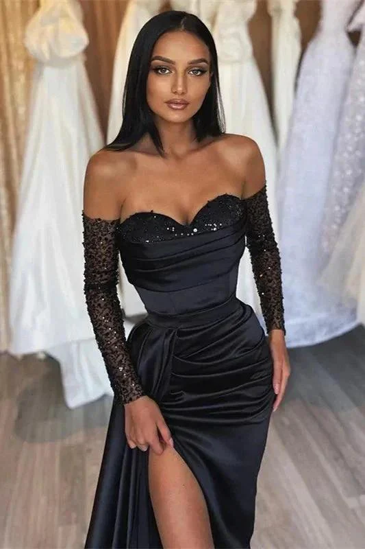 Amazing Long Black Mermaid Split Front Sequined Prom Dress - Image 2