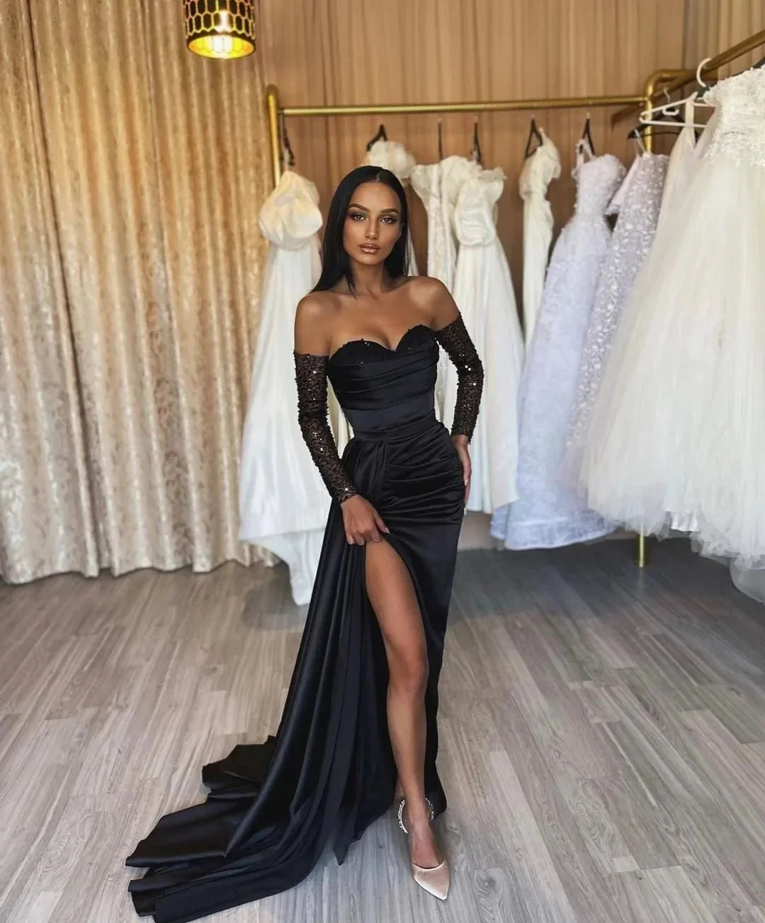 Amazing Long Black Mermaid Split Front Sequined Prom Dress - Image 3