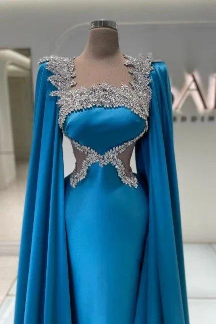 Amazing Long Blue Satin Rhinestones Prom Dress Designer Evening Dress - Image 2