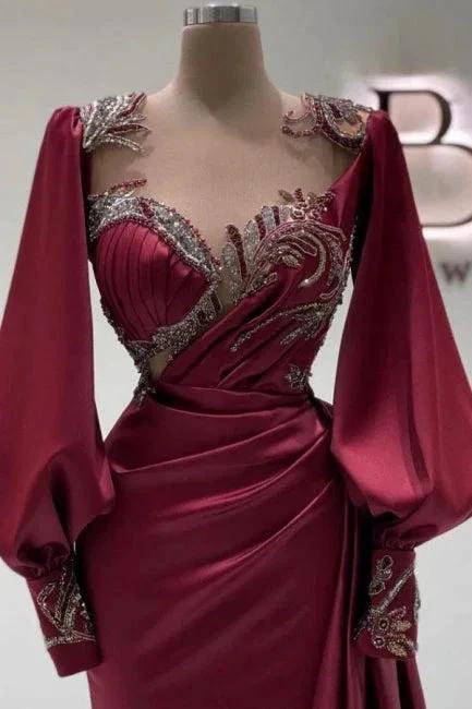 Amazing Long Burgundy Mermaid Beading Lace Prom Dresses with Long Sleeves - Image 2