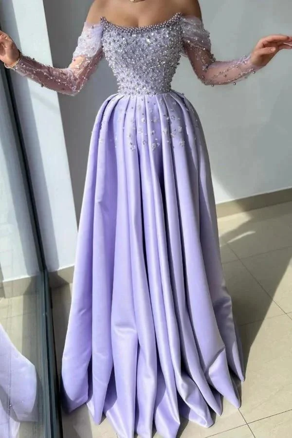 Amazing Long Lilac A-line Off-the-shoulder Rhinestones Satin Pearls Prom Dress - Image 2