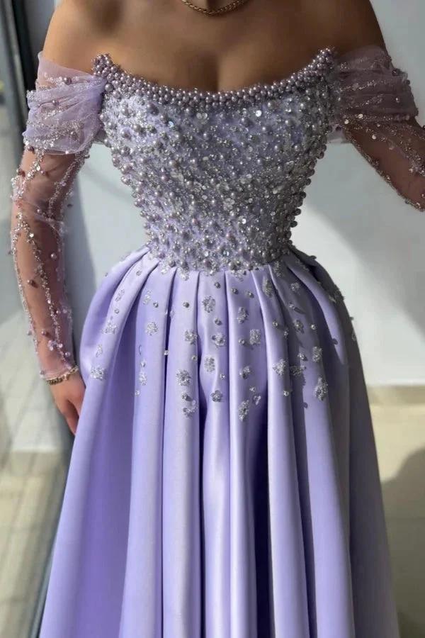 Amazing Long Lilac A-line Off-the-shoulder Rhinestones Satin Pearls Prom Dress - Image 3