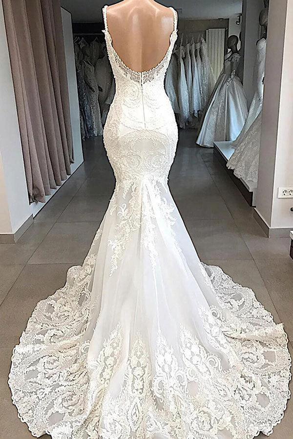 Amazing Long Mermaid Appliques Tulle Backless Wedding Dress - Image 2