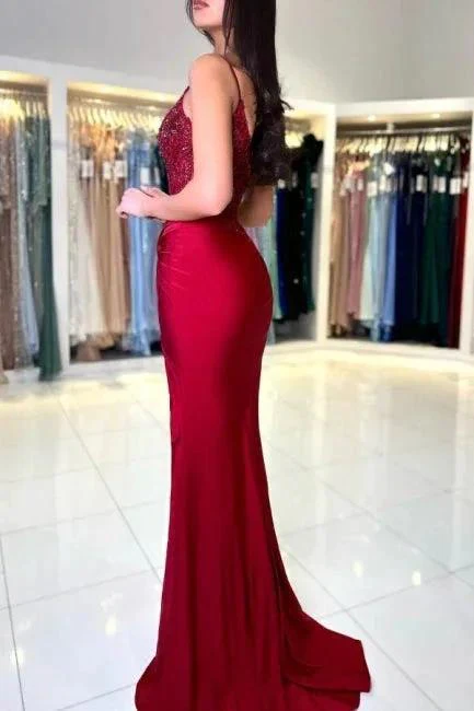 Amazing Long Mermaid Burgundy Spaghetti Straps Lace Prom Dress With Slit - Image 2