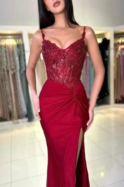 Amazing Long Mermaid Burgundy Spaghetti Straps Lace Prom Dress With Slit - Image 3