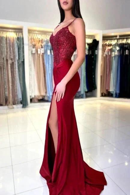 Amazing Long Mermaid Burgundy Spaghetti Straps Lace Prom Dress With Slit - Image 4