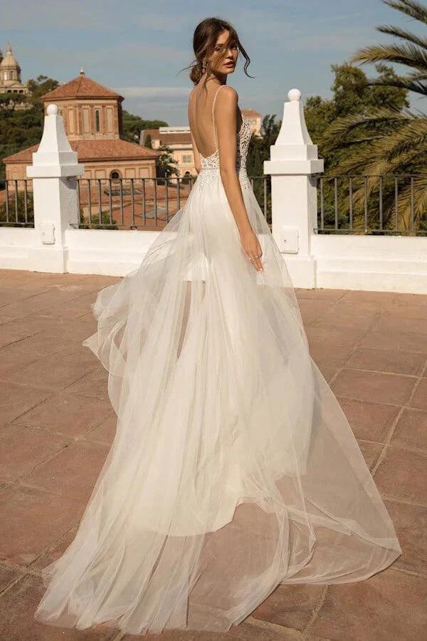 Amazing Long Mermaid Chapel Train Tulle Open Back Wedding Dress - Image 2